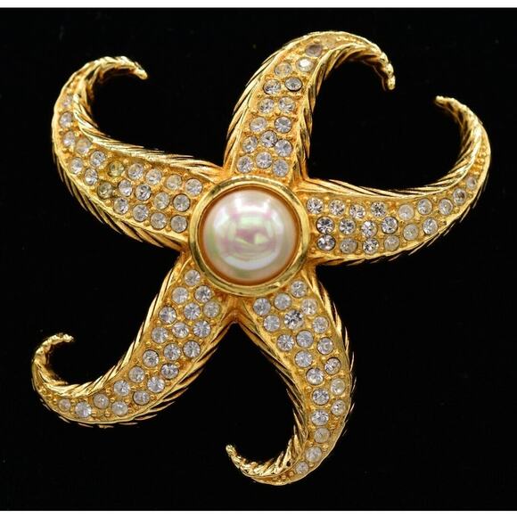 Christian Dior Vintage Starfish Pin Brooch Rhinestone Crystal Pearl Signed BinJ - Picture 1 of 12